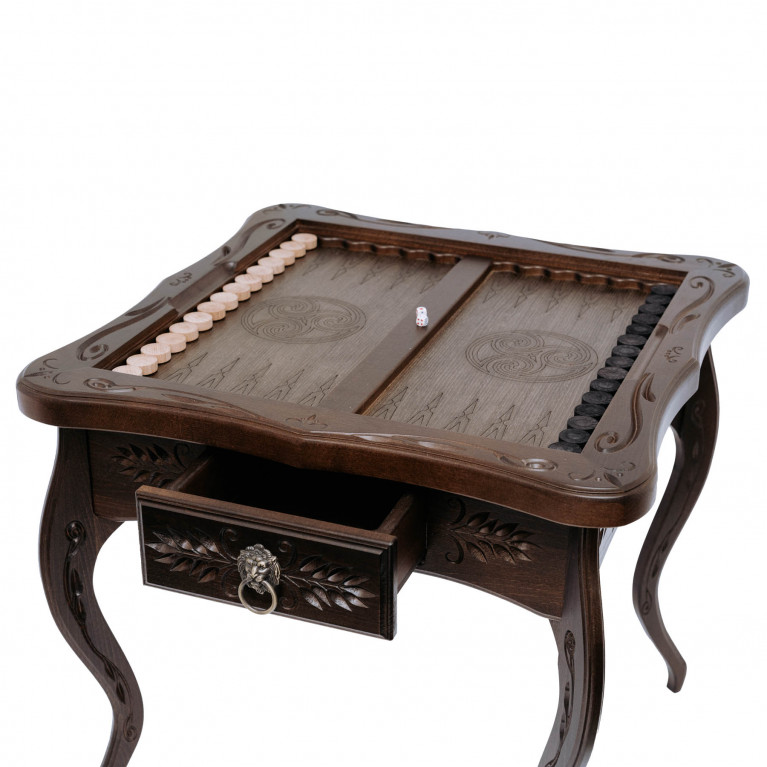 Sakkasztal "Napoleon" , tömör bükkfából, művészi faragással, kombinálva (Sakk/Backgammon/Kávé)